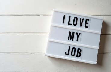 White lightbox displays I LOVE MY JOB message. Clean flat lay composition on white wooden plank background. Top view, overhead perspective shows text and ample copy space.