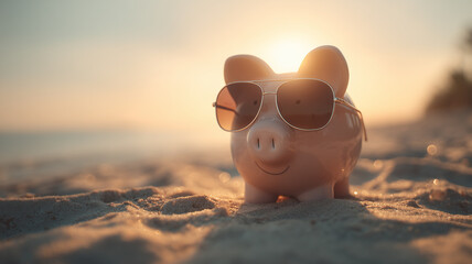 A piggy bank wearing sunglasses on a beach illustrating savings lifestyle, financial freedom and relaxed wealth concept.
