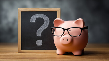 A piggy bank wearing glasses beside a chalkboard with a question mark illustrating financial education, money decisions and savings questions concept.
