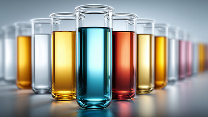Laboratory test tubes filled with liquids arranged in depth representing scientific research analysis and controlled experimentation.
