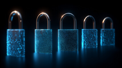 Biometric padlocks with fingerprint patterns in a digital environment representing cybersecurity data protection and secure access systems.
