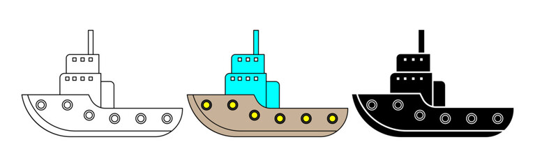 side view Tugboat icon set isolated on white background