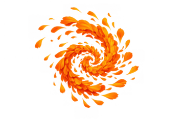 Orange flower petals forming a swirling vortex, symbolizing dynamic motion, energy, and natural flow on a transparent background