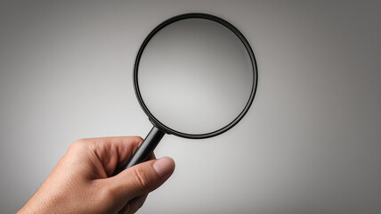 A hand holding a magnifying glass against a neutral background symbolizing search, examination and discovery concepts.
