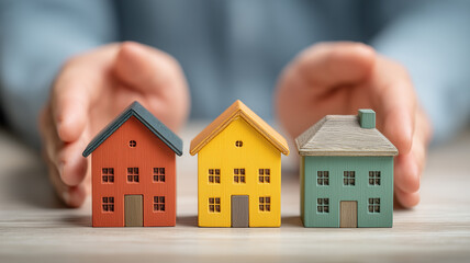 Three miniature wooden houses protected by human hands illustrating real estate protection, housing security and property care concept.
