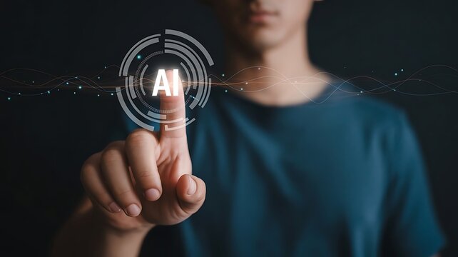 Person touching AI symbol on futuristic digital interface with glowing lines artificial intelligence - Powered by Adobe