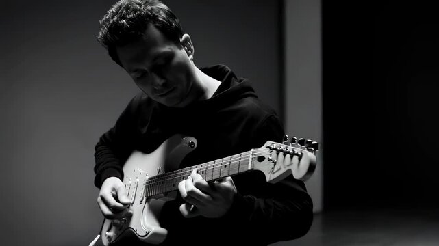 A musician passionately playing an electric guitar in monochrome