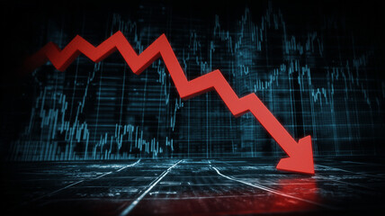 Red downward arrow over a digital stock chart illustrating market crash financial loss and sudden economic decline.
