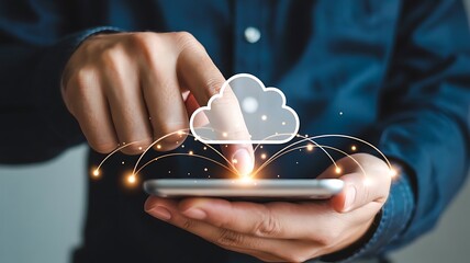 Person's hands holding smartphone with glowing cloud icon and light network connections