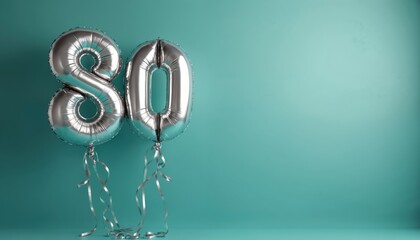 Silver number 80 balloons float against a teal backdrop. Metallic foil balloons with streamers signify a special milestone, celebration, or anniversary event.