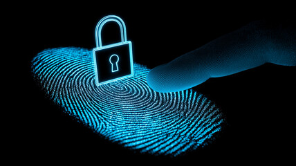 A glowing digital padlock over a fingerprint scan illustrating biometric security identity authentication and data protection concepts.