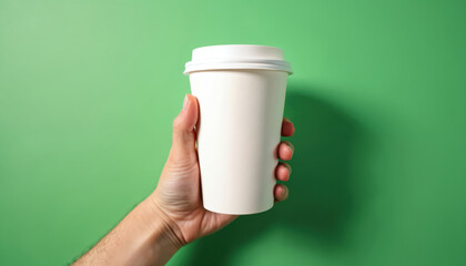 Hand holds blank white disposable paper cup. Ready for coffee, tea, or other beverage. Perfect for branding and promotions. Smooth green backdrop.