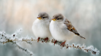 Fototapeta premium Two small birds perched on a frosty branch