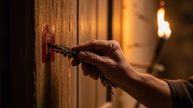 Close-up of a hand applying a red ritual mark to a wooden doorframe with hyssop. Biblical Passover story reenactment. Ancient scene lit by a torch