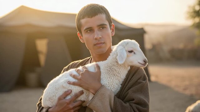A young shepherd in biblical times holding a pure white lamb. A religious scene representing faith and the story of the Passover sacrifice. The Good Shepherd concept