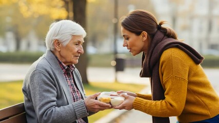 A young volunteer gives food to an elderly woman on a park bench. A kind caregiver providing a meal and support to a senior citizen. Community charity and social assistance concept