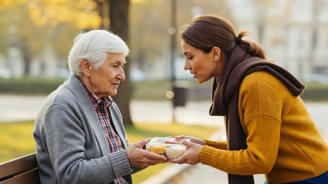 A young volunteer gives food to an elderly woman on a park bench. A kind caregiver providing a meal and support to a senior citizen. Community charity and social assistance concept