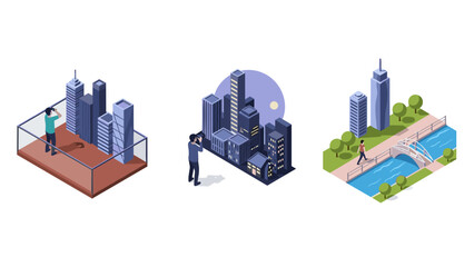 Obraz premium Isometric urban views with photographers capturing cityscapes and parks