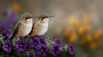 Obraz premium Two Hummingbirds Feeding on Purple Flowers