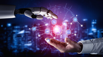 A captivating scene depicting the interaction between a human hand and a robotic hand, symbolizing the merging of technology and humanity in a digital landscape. Tessel