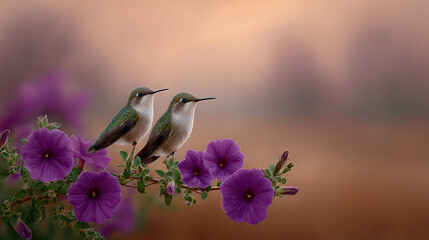 Obraz premium Two Hummingbirds Perched on Purple Flowers