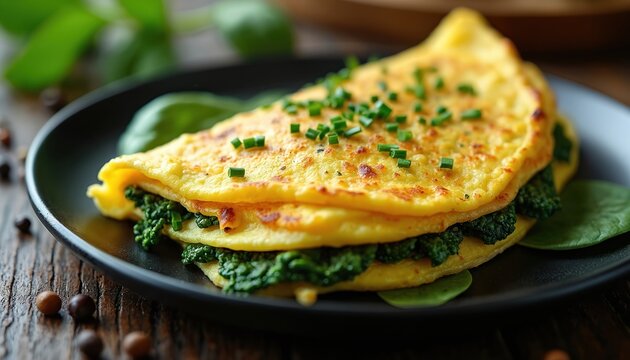 Fresh spinach omelet served on black plate, garnished with chopped chives. Fluffy eggs folded over green filling, perfect for breakfast or lunch. Delicious, healthy meal.