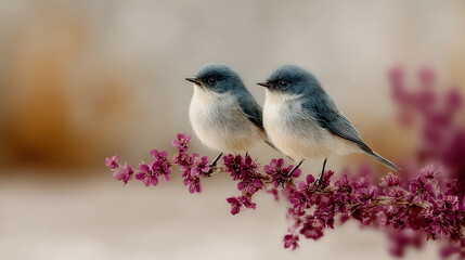 Naklejka premium Two small birds perched on blooming pink branches