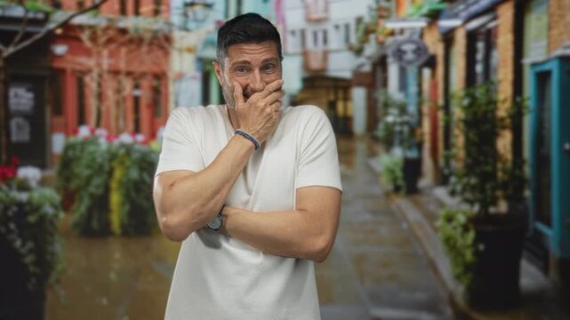 Man with hand covering mouth and crossed arms wearing white shirt standing in narrow street alley with potted plants and brick building facades; embarrassment.