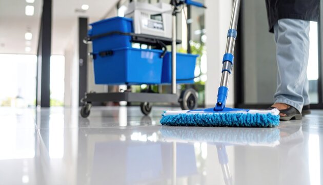 Professional cleaner mopping a shiny floor in a modern building with a cleaning cart