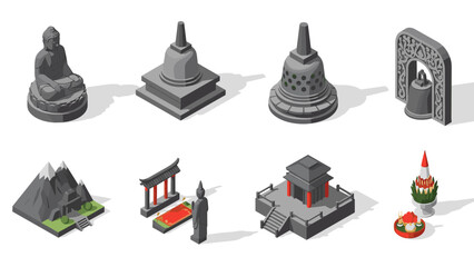 Isometric asian cultural icons featuring temples, statues, and traditional artifacts in modern style