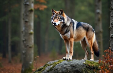 Obraz premium Wild wolf stands on mossy boulder in sunlit forest. Gray canine predator surveys terrain, alert with eyes. Autumnal woods frame this majestic animal, evoking natural wilderness and survival themes.