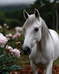 Obraz premium A striking white horse posed near blooming peony flowers, embodying timeless beauty and grace, where nature and elegance coexist harmoniously in a serene garden setting.
