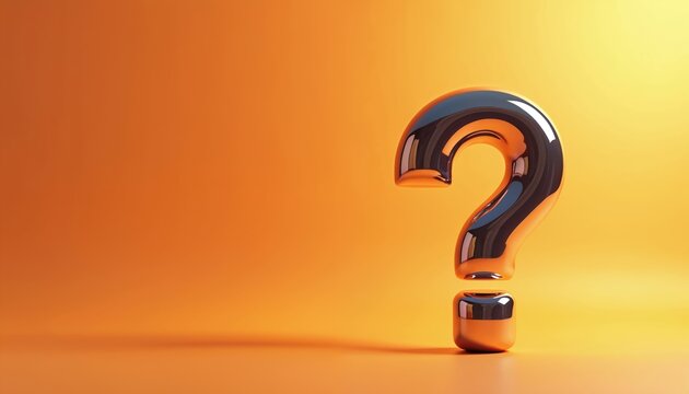 Shiny silver question mark floats on bright orange background. Symbol conveys inquiry confusion doubt or seeking answers. Use for any quest or problem.