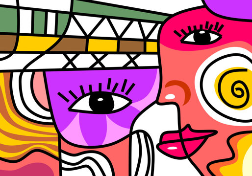 Colorful background, cubism art style, poster, abstracts faces