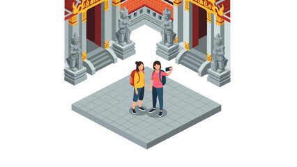 Tourists taking selfie at stunning asian temple with ornate details in isometric 3d