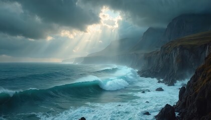 Dramatic ocean waves crash against rugged cliffs under stormy sky. Sunbeams break through dark clouds, illuminating turbulent sea and rocky coastline. Mist hangs in air, creating moody atmosphere.