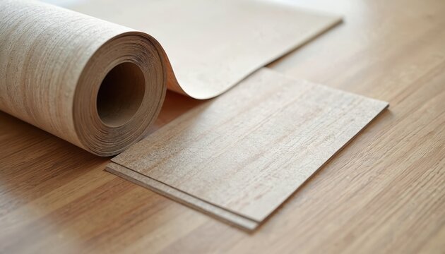 Roll of beige textured vinyl flooring is shown on wood planks. Material has light wood grain pattern. Vinyl sheets are stacked neatly near the roll, ready for home or commercial installation.