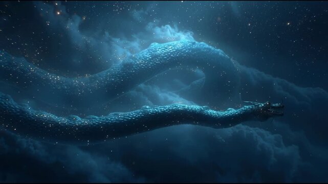 Mysterious Deep Sea Serpent Swims Through Ethereal Blue Nebula.