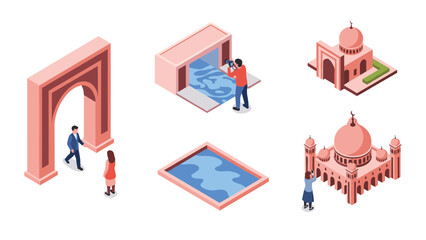 Isometric urban adventure: people exploring architectural landmarks and cultural sites