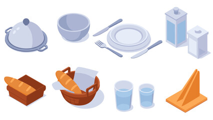 Isometric dining set with tableware, utensils, and food elements for culinary design