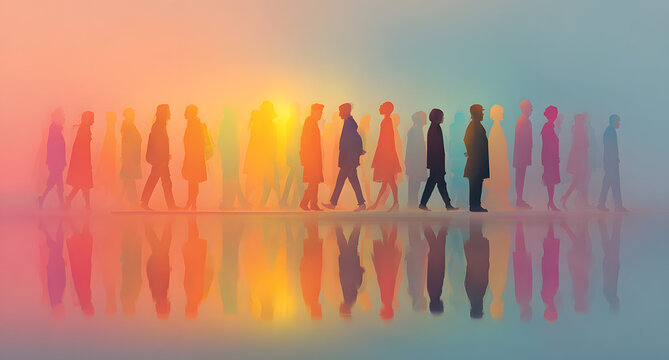 Menschengruppe - Paare in Pastellfarben, Silhouette vektor set Menschen, Gemeinschaft leben, Zukunft gestalten, soziale Gesellschaft, Gemeinwohl schaffen, sozial denken, solidarisch handeln