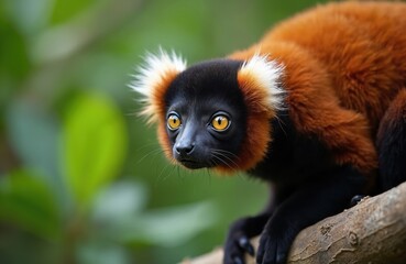 Fototapeta premium Red ruffed lemur with bright eyes sits on a branch. Furry primate has orange black white fur. Animal is curious looking forward. Nature wildlife background.