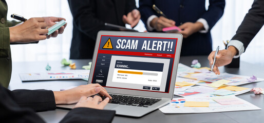 Analyst team use sticky note for creative and analytic brainstorm for business idea with BI data dashboard on laptop screen. Analysis financial data visualization tech for marketing strategy. Prodigy