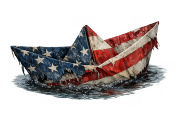 Tattered united states flag paper boat representing national crisis, us economic issues, and political struggles on a transparent background