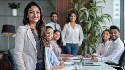 Fototapeta premium Confident South Asian businesswoman leading diverse team