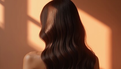 Woman seen from back with long dark wavy hair. Hair shines under warm light, showing healthy vibrant strands. Soft shadows create an artistic mood.