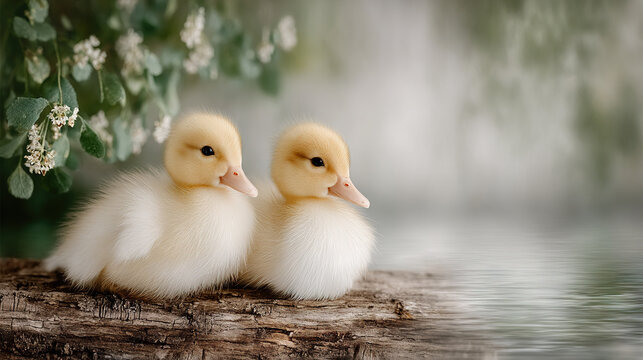 Two young ducks perched on a wooden log near water