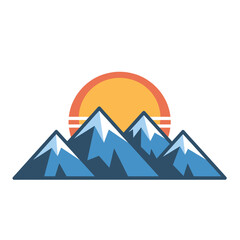 Simple stylized mountain range graphic with a rising sun icon isolated on a plain white background for outdoor design.