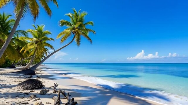 Paradise Beach: A picturesque tropical paradise unfolds, boasting a pristine sandy shore embraced by the azure embrace of the sea.