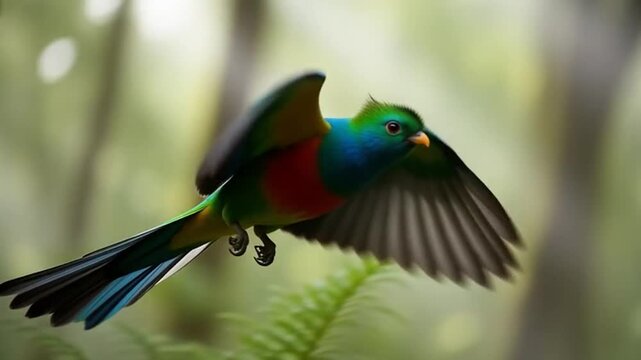 Colorful Quetzal in Flight: A vibrant quetzal, with its stunning plumage and elegant tail feathers, soars through a blurred forest backdrop, symbolizing freedom and the beauty of nature.